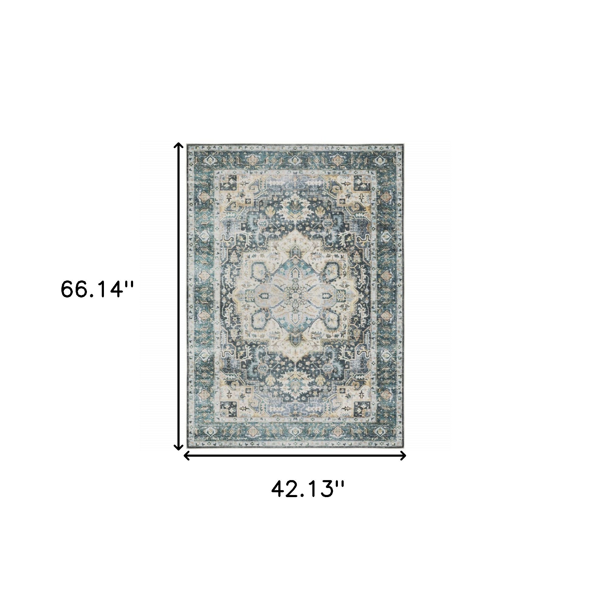 4' X 6' Blue Ivory Teal Brown And Gold Oriental Printed Stain Resistant Non Skid Area Rug