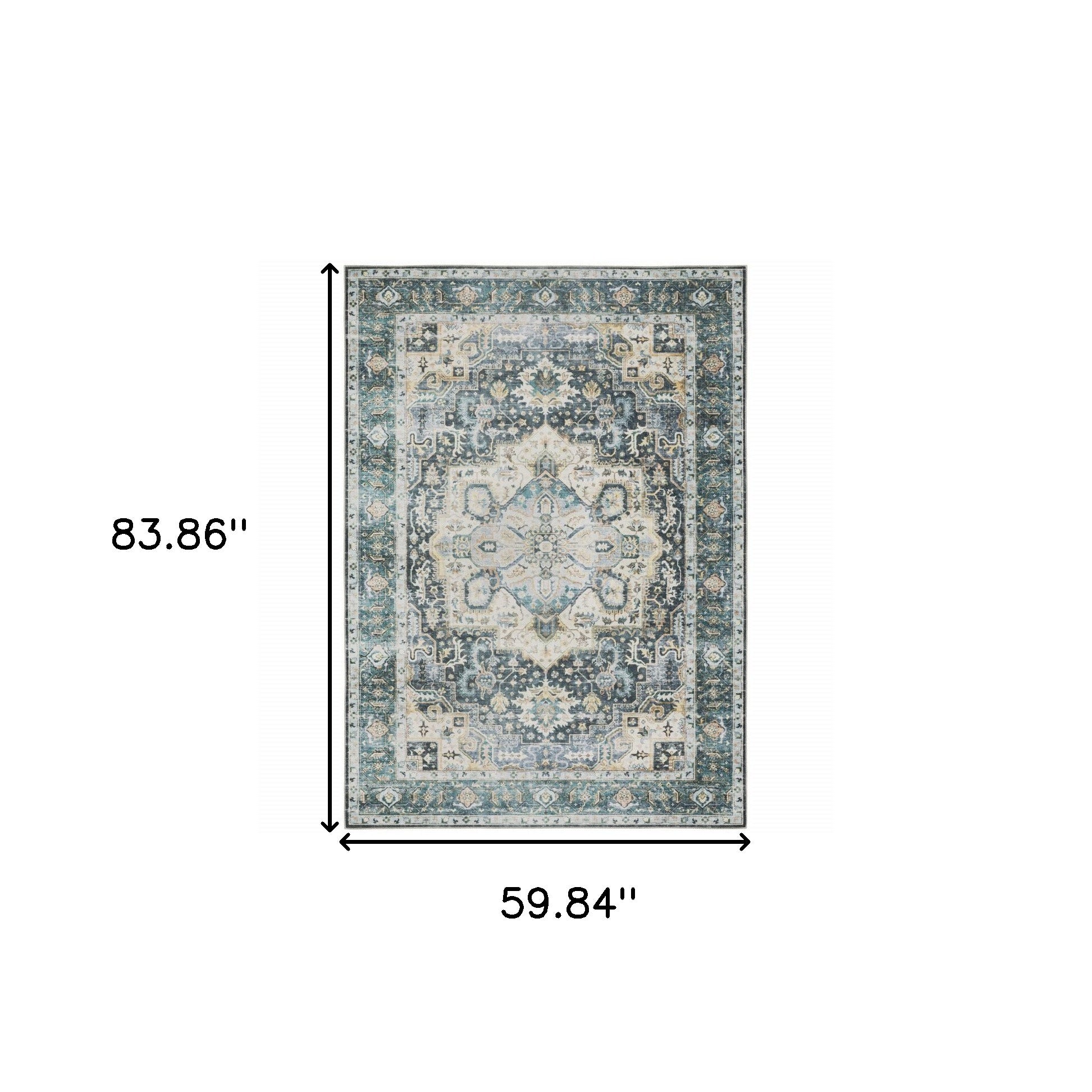 5' X 7' Blue Ivory Teal Brown And Gold Oriental Printed Stain Resistant Non Skid Area Rug