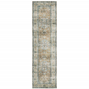 2' X 8' Blue Gold Brown Green And Salmon Oriental Printed Stain Resistant Non Skid Runner Rug