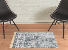 2' X 3' Navy Blue Ivory And Grey Oriental Printed Stain Resistant Non Skid Area Rug