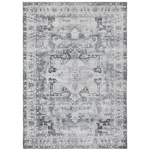 2' X 3' Navy Blue Ivory And Grey Oriental Printed Stain Resistant Non Skid Area Rug