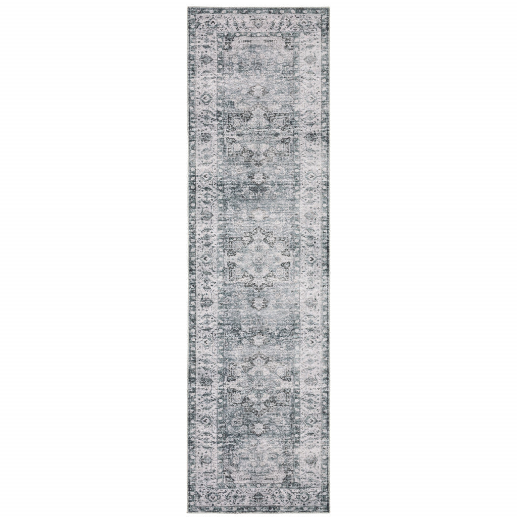2' X 8' Navy Blue Ivory And Grey Oriental Printed Stain Resistant Non Skid Runner Rug