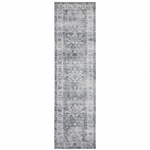 2' X 8' Navy Blue Ivory And Grey Oriental Printed Stain Resistant Non Skid Runner Rug