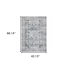 4' X 6' Navy Blue Ivory And Grey Oriental Printed Stain Resistant Non Skid Area Rug