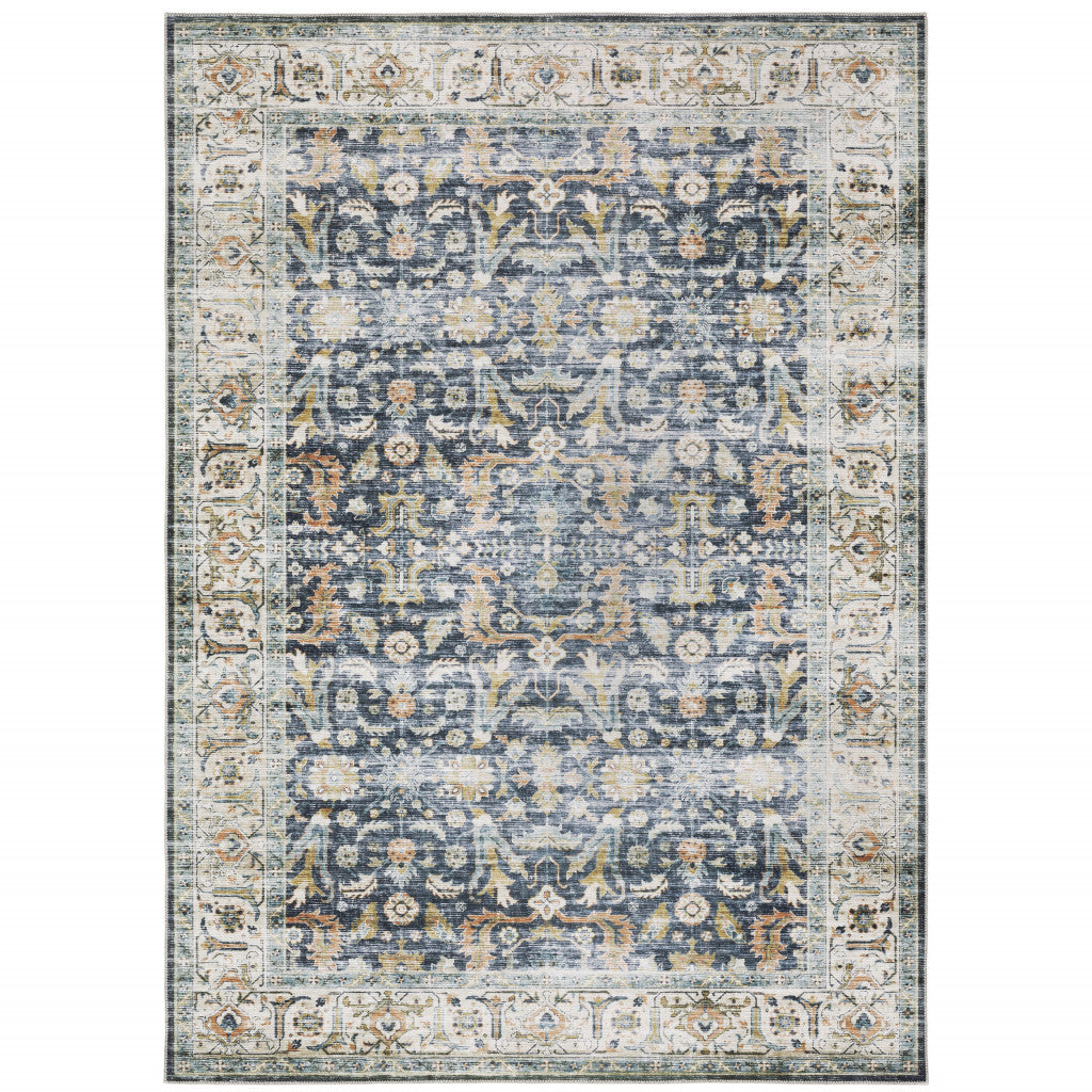5' X 7' Blue Gold Rust Ivory And Olive Oriental Printed Stain Resistant Non Skid Area Rug