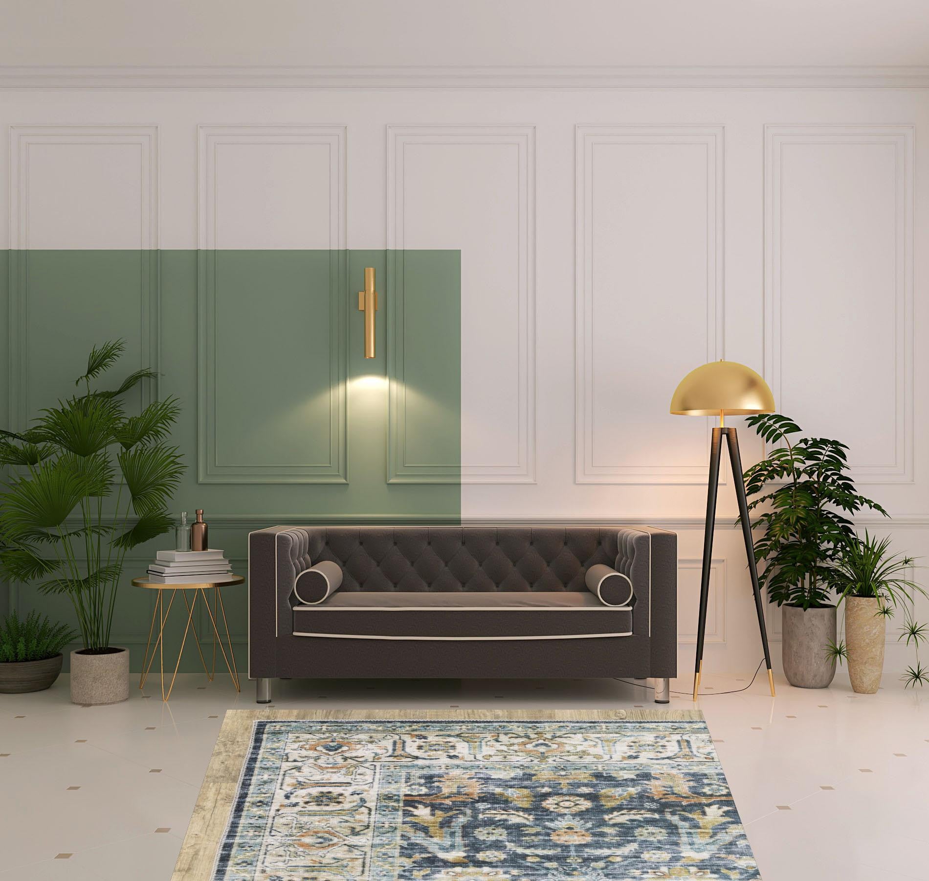 5' X 7' Blue Gold Rust Ivory And Olive Oriental Printed Stain Resistant Non Skid Area Rug