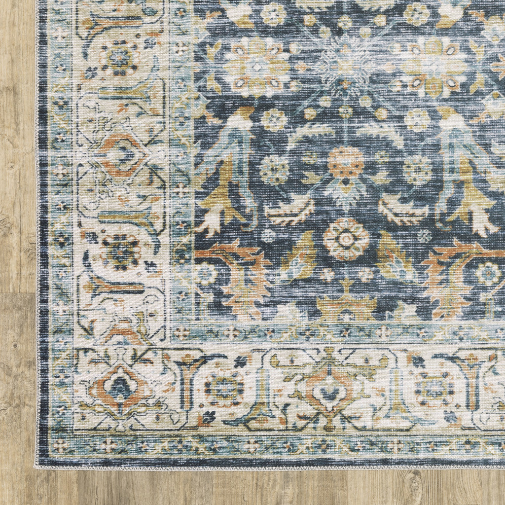 5' X 7' Blue Gold Rust Ivory And Olive Oriental Printed Stain Resistant Non Skid Area Rug