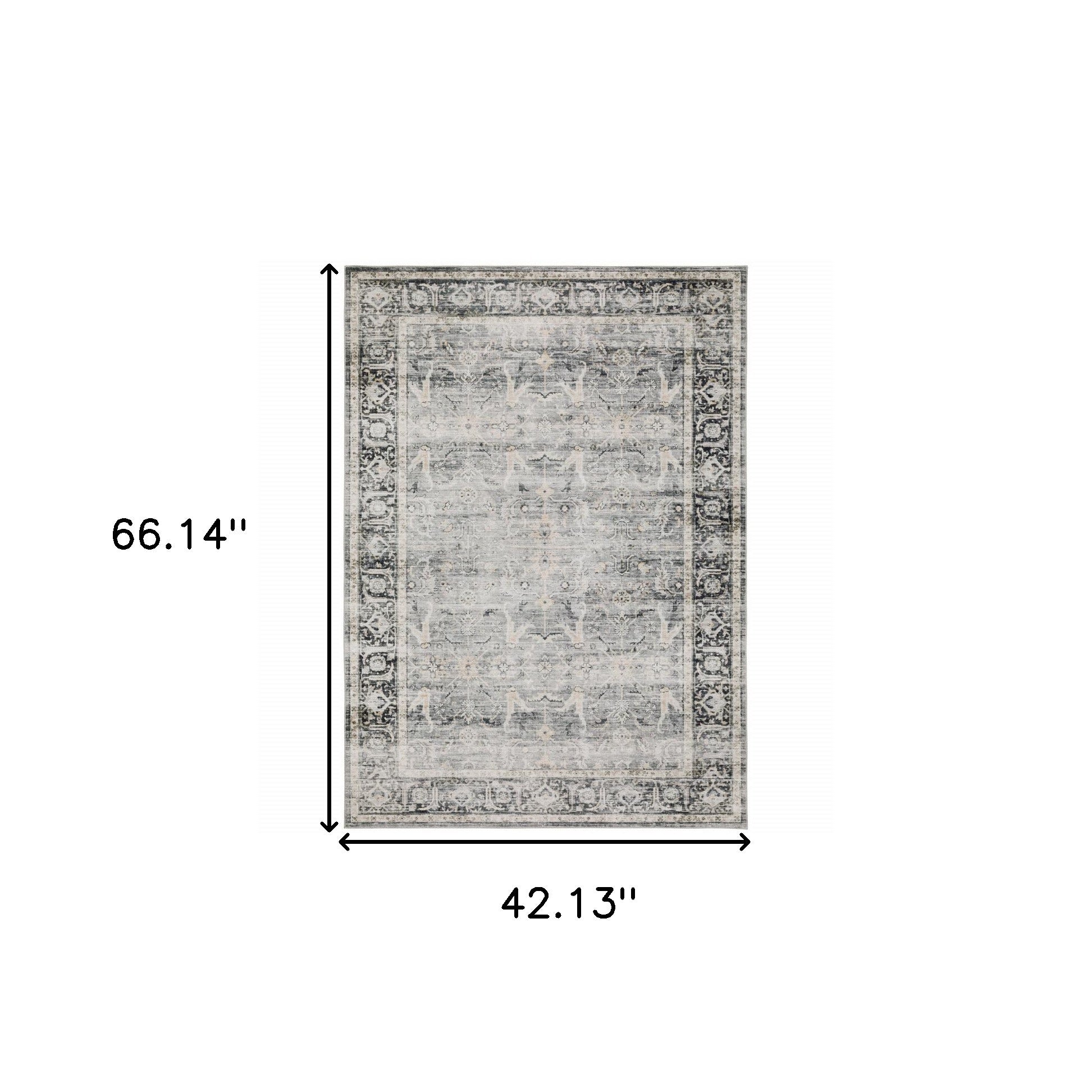 4' X 6' Charcoal Grey Salmon And Ivory Oriental Printed Stain Resistant Non Skid Area Rug