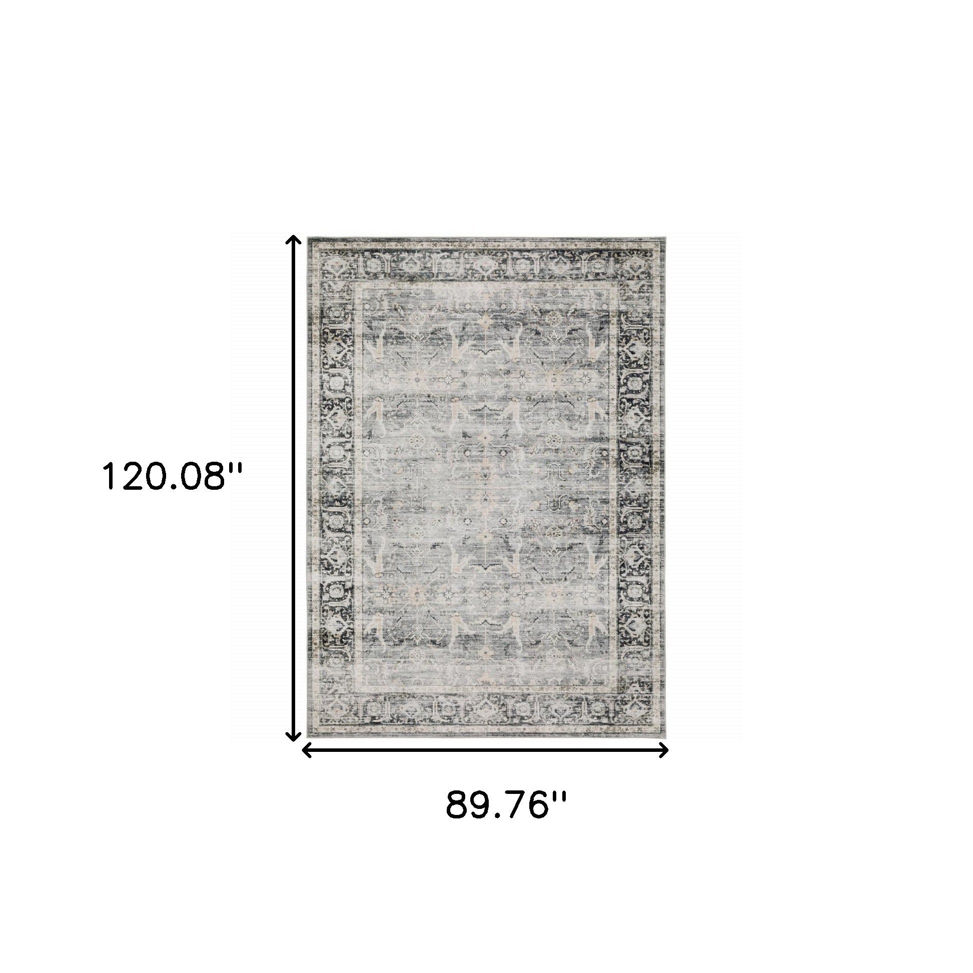 7' X 10' Charcoal Grey Salmon And Ivory Oriental Printed Stain Resistant Non Skid Area Rug