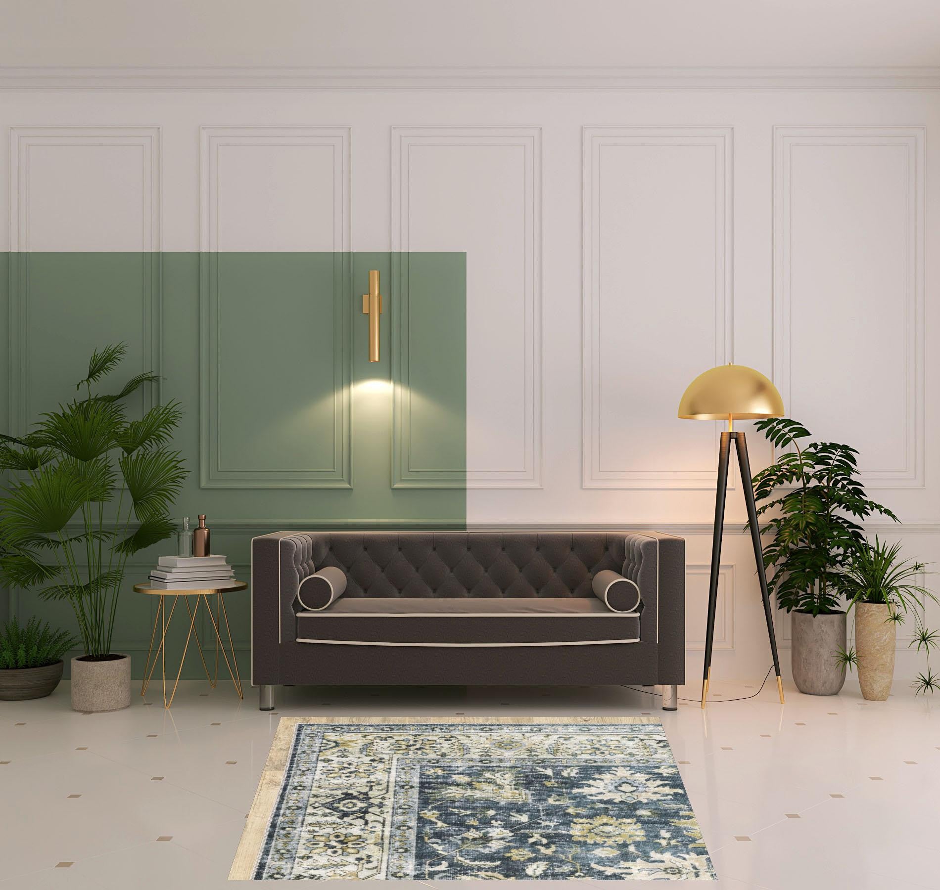 4' X 6' Blue Gold Green And Ivory Oriental Printed Stain Resistant Non Skid Area Rug