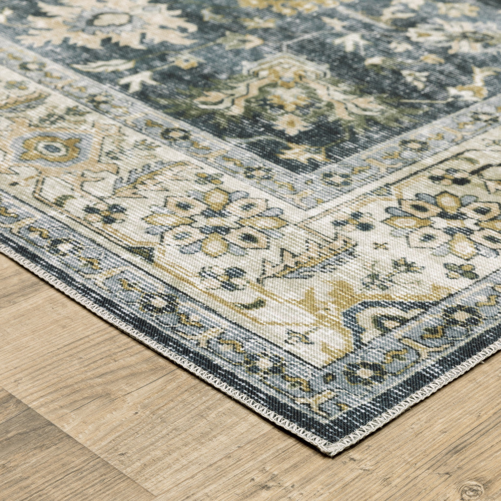 4' X 6' Blue Gold Green And Ivory Oriental Printed Stain Resistant Non Skid Area Rug