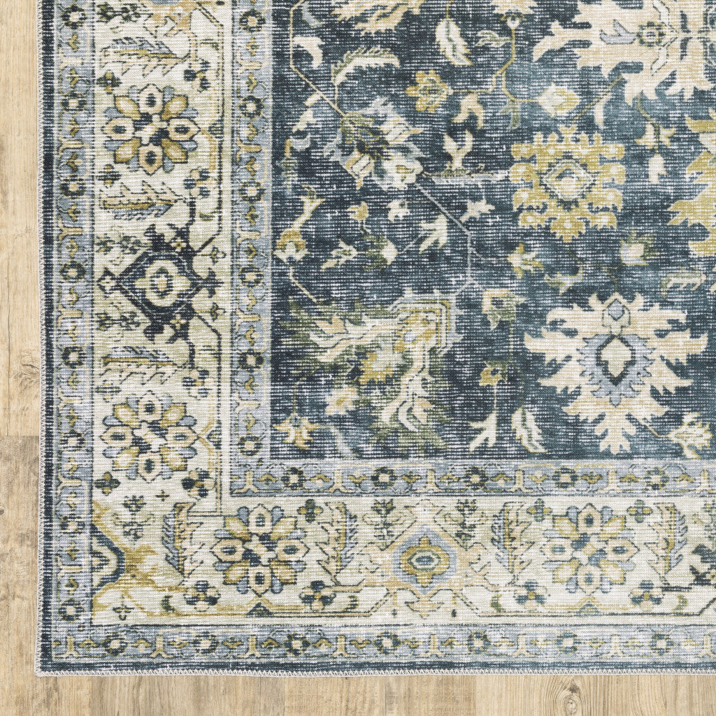 7' X 10' Blue Gold Green And Ivory Oriental Printed Stain Resistant Non Skid Area Rug