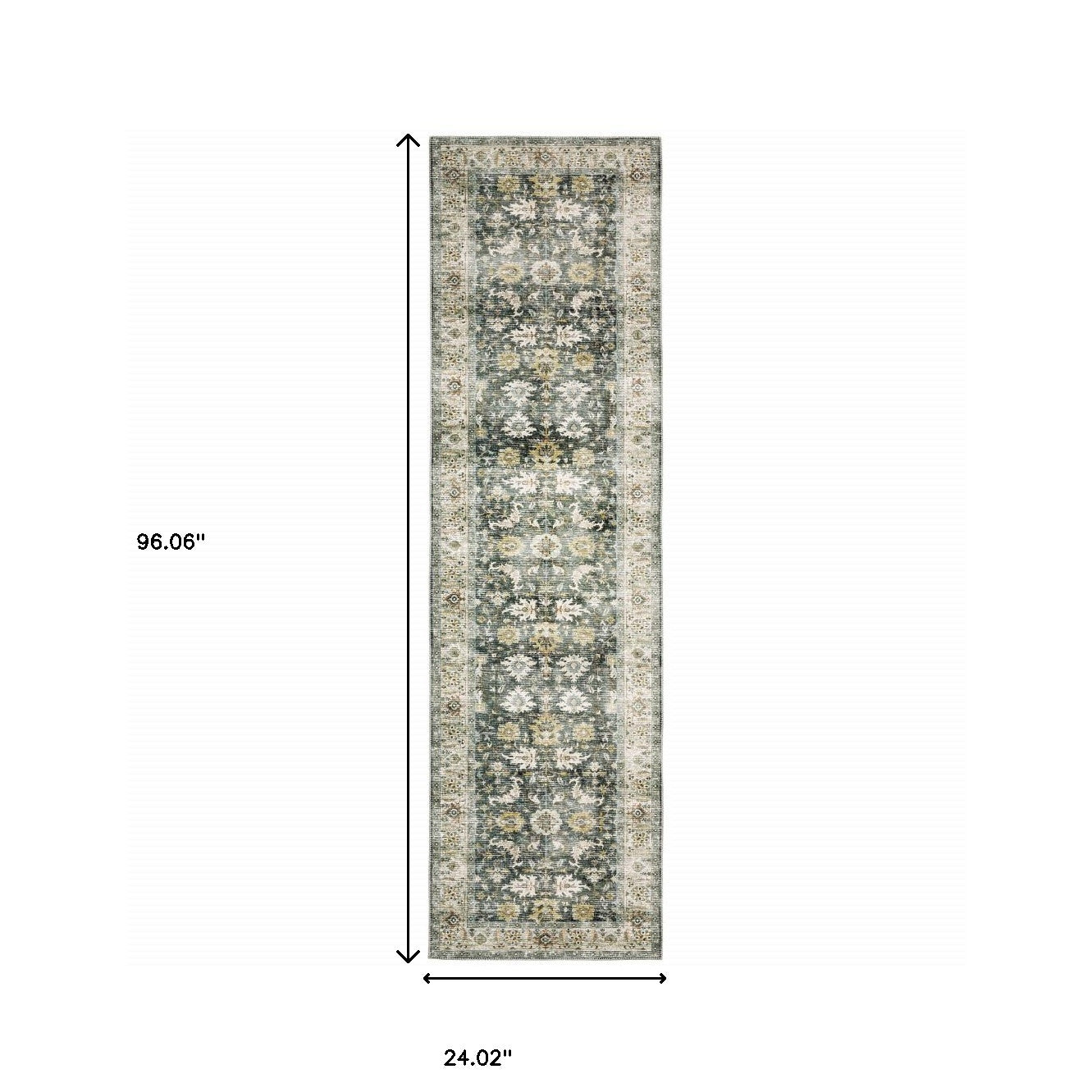 2' X 8' Grey Charcoal Gold Brown Ivory Pale Sage And Light Blue Oriental Printed Stain Resistant Non Skid Runner Rug