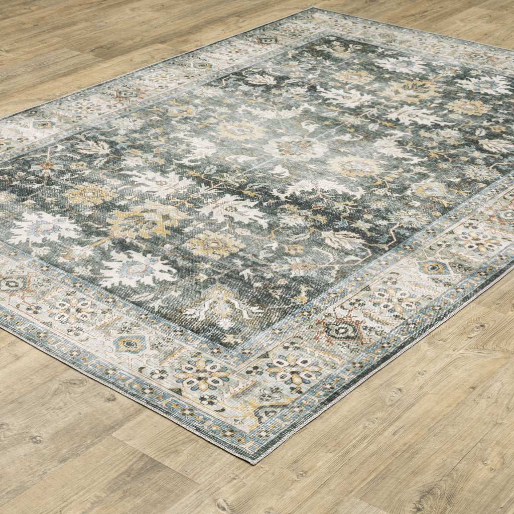 2' X 8' Grey Charcoal Gold Brown Ivory Pale Sage And Light Blue Oriental Printed Stain Resistant Non Skid Runner Rug