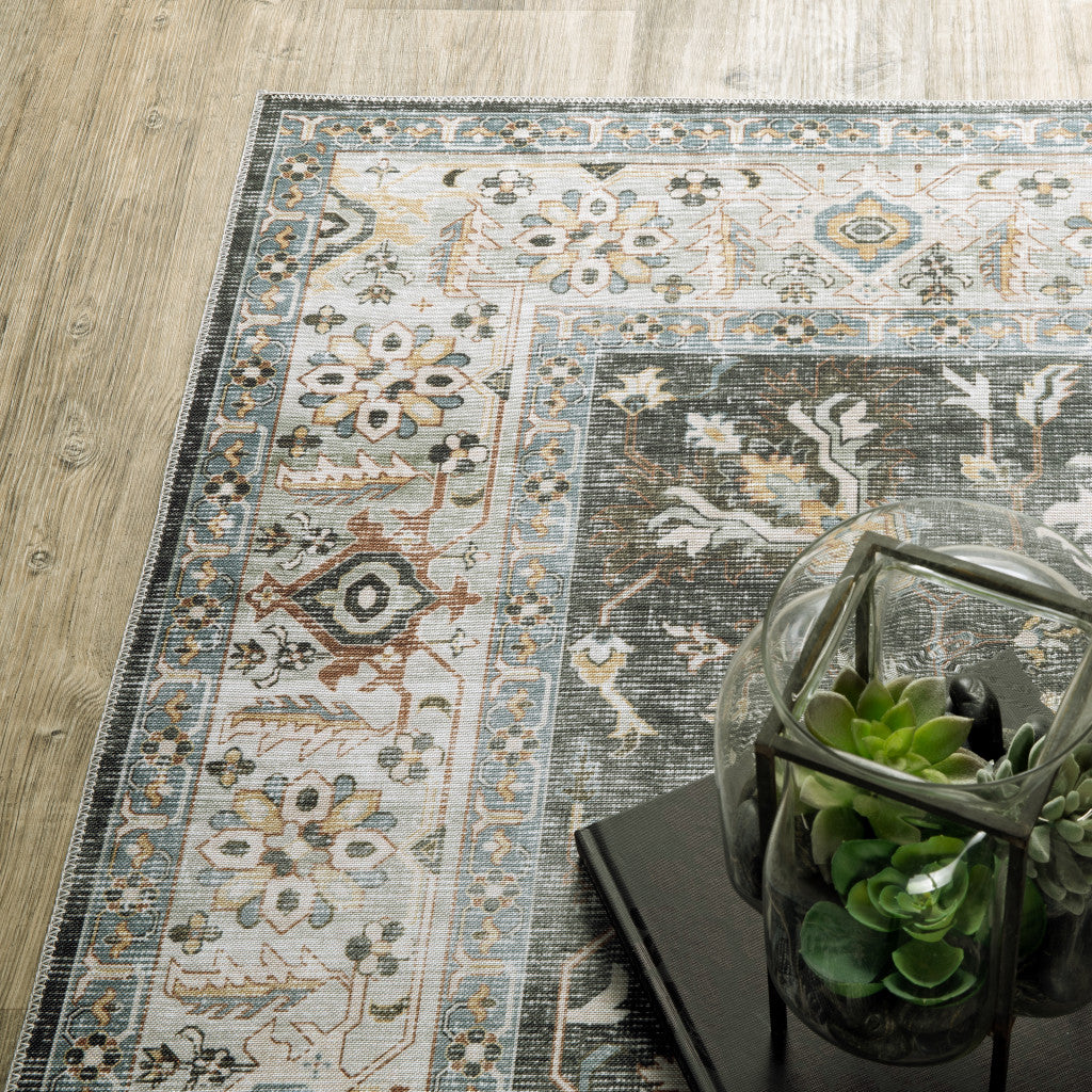 2' X 8' Grey Charcoal Gold Brown Ivory Pale Sage And Light Blue Oriental Printed Stain Resistant Non Skid Runner Rug