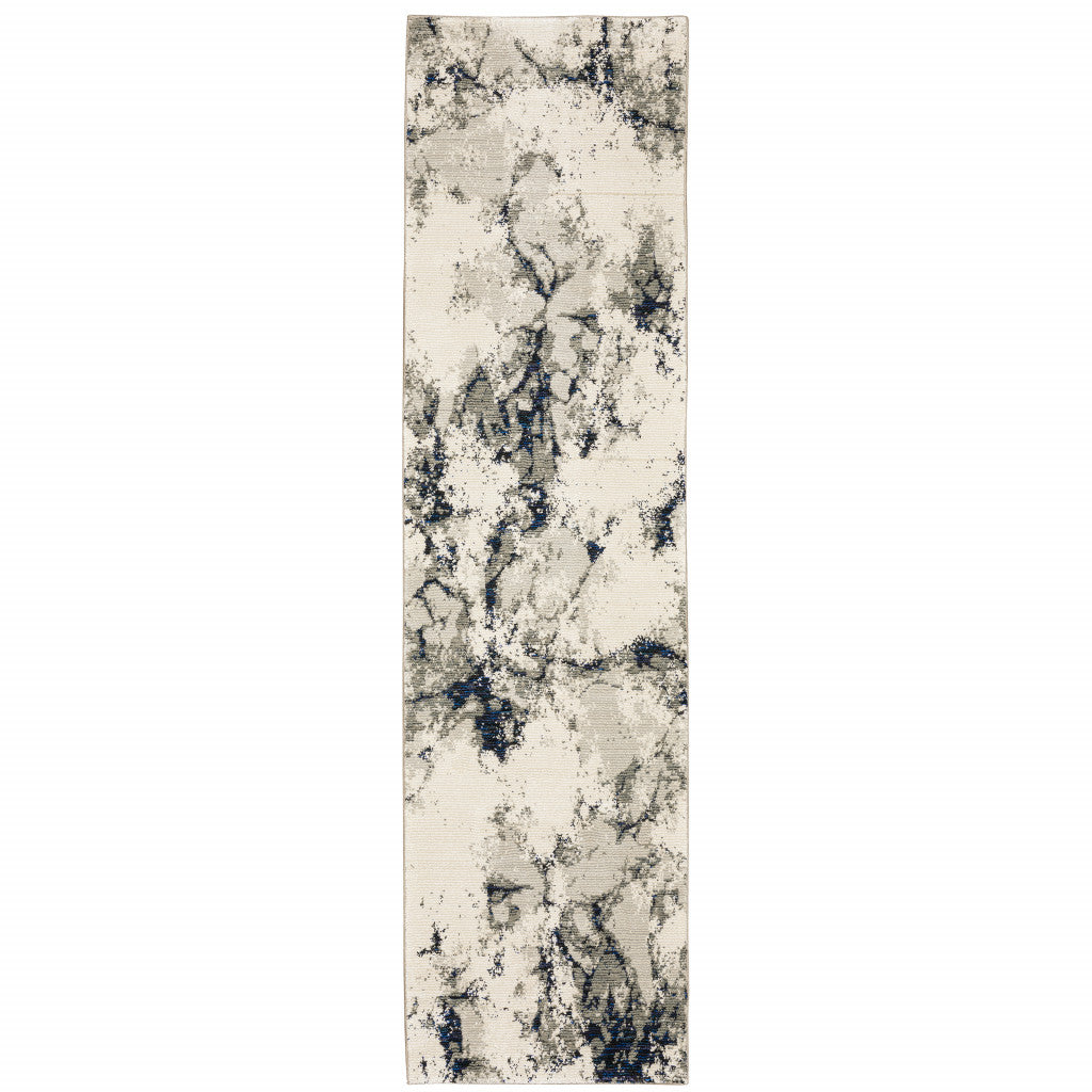 2' X 8' Grey Black And Ivory Abstract Power Loom Stain Resistant Runner Rug