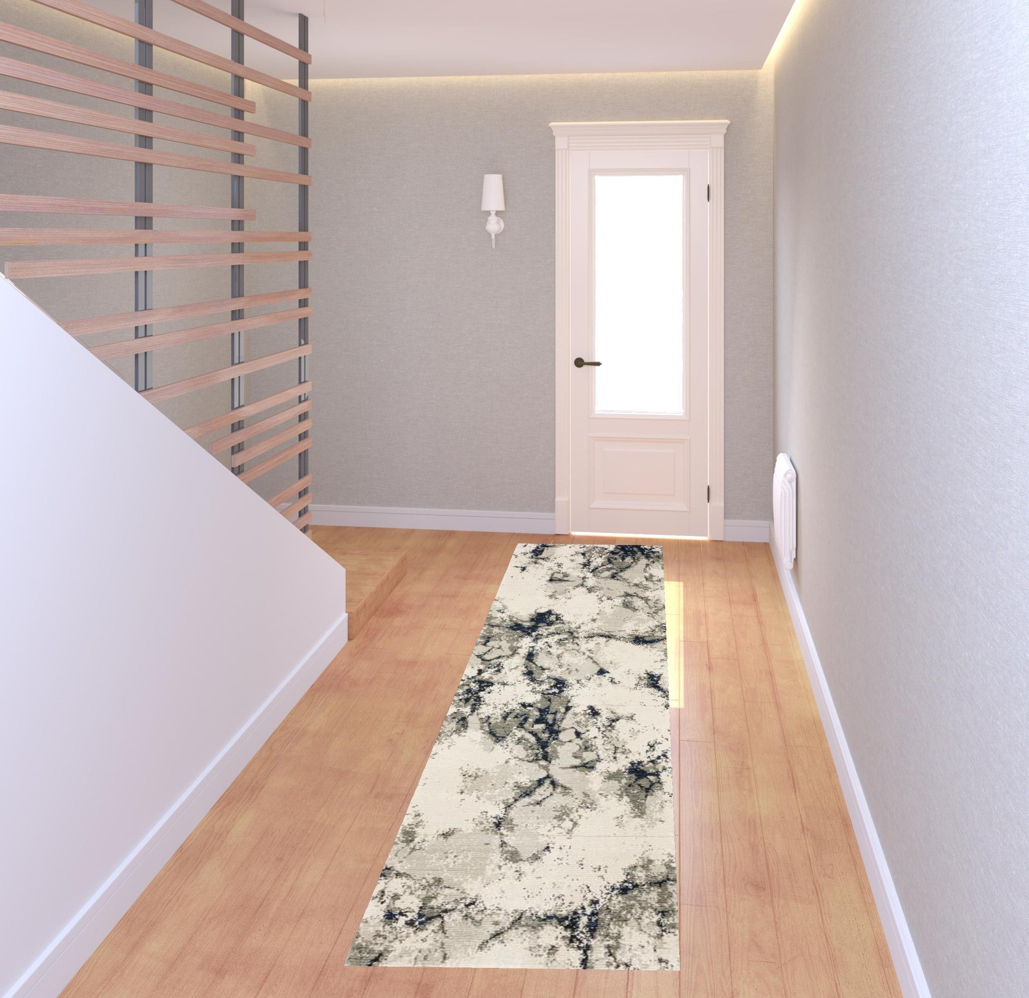 2' X 8' Grey Black And Ivory Abstract Power Loom Stain Resistant Runner Rug