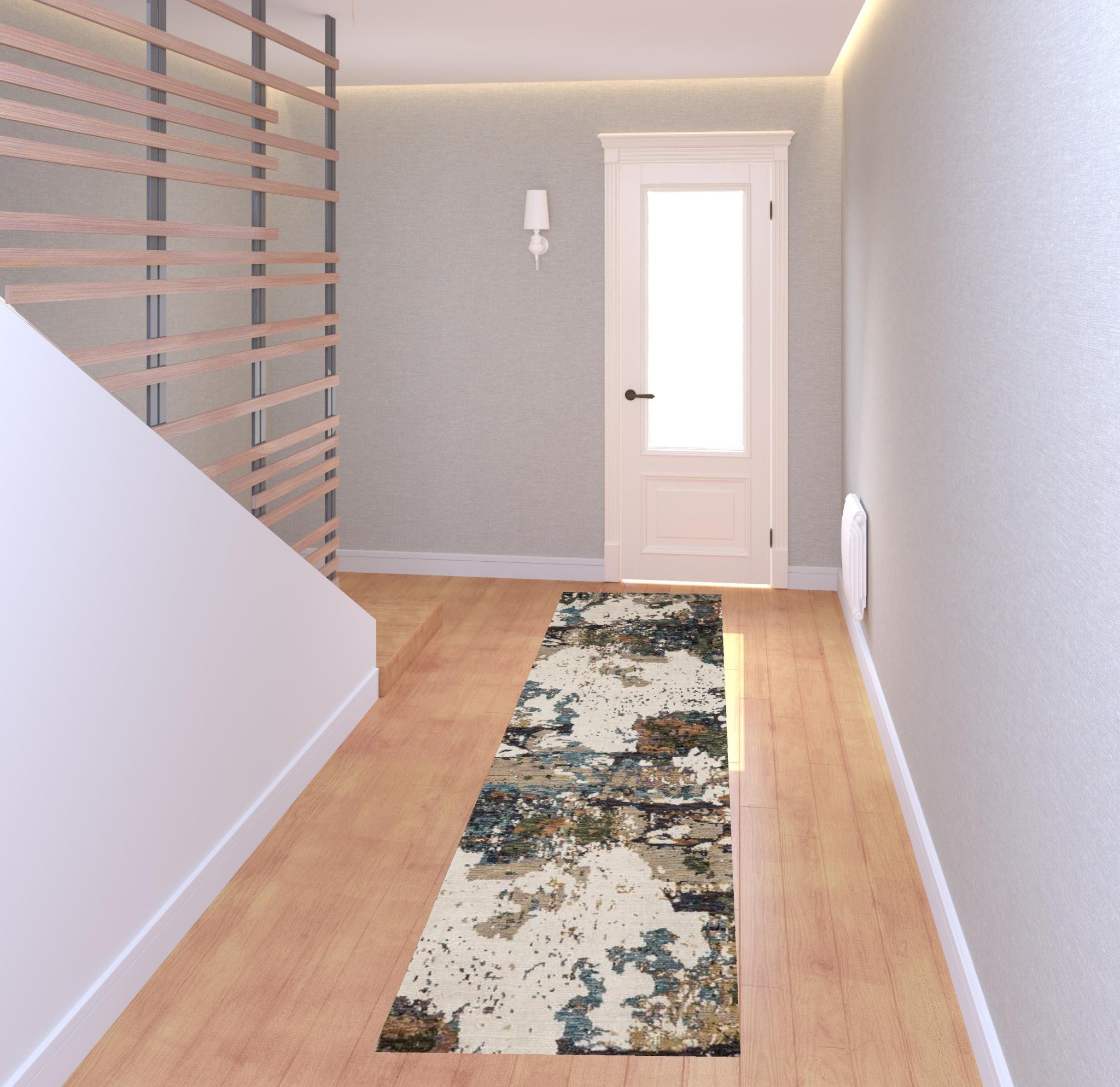 2' X 8' Green Gold And Blue Abstract Power Loom Stain Resistant Runner Rug