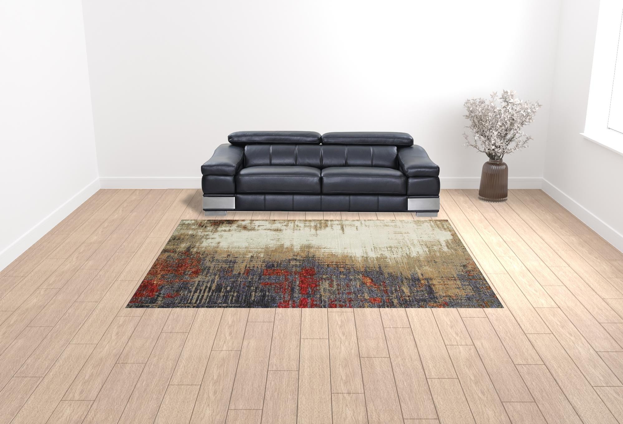 9' X 12' Beige Tan Brown Blue Purple Red Orange Gold And Green Abstract Power Loom Stain Resistant Area Rug
