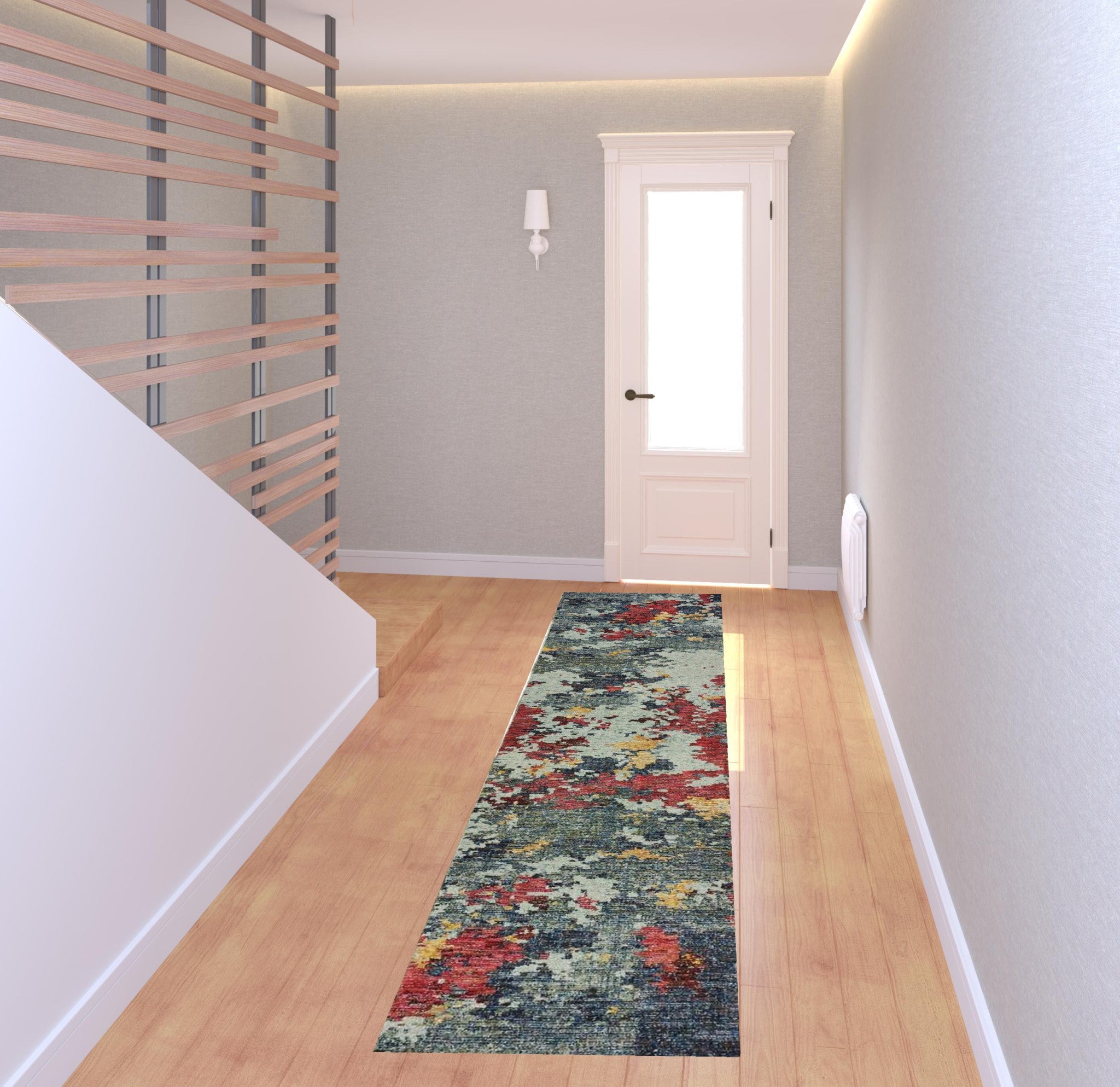 2' X 8' Blue And Red Abstract Power Loom Stain Resistant Runner Rug