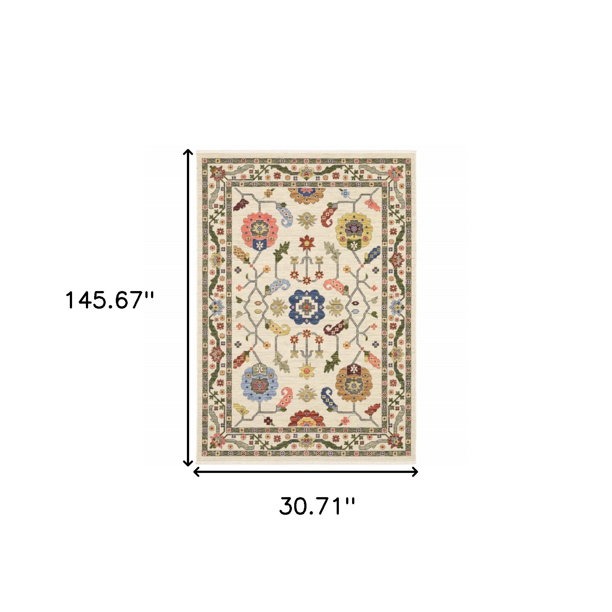 12' Ivory Green Blues Pink Yellow Rust Brown Tan And Grey Oriental Power Loom Runner Rug With Fringe