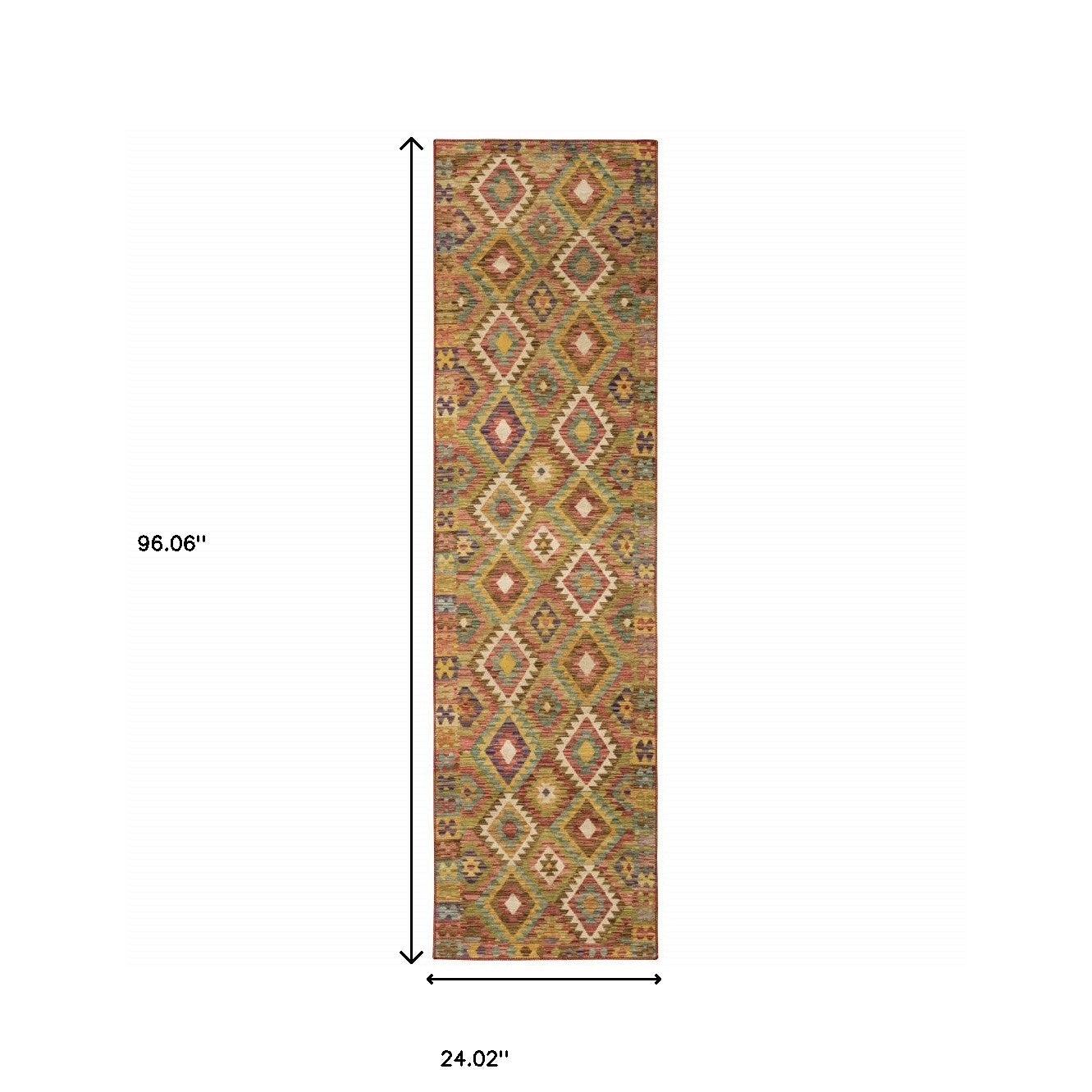 2' X 8' Gold Orange Brown Red Green Purple And Beige Southwestern Printed Stain Resistant Non Skid Runner Rug