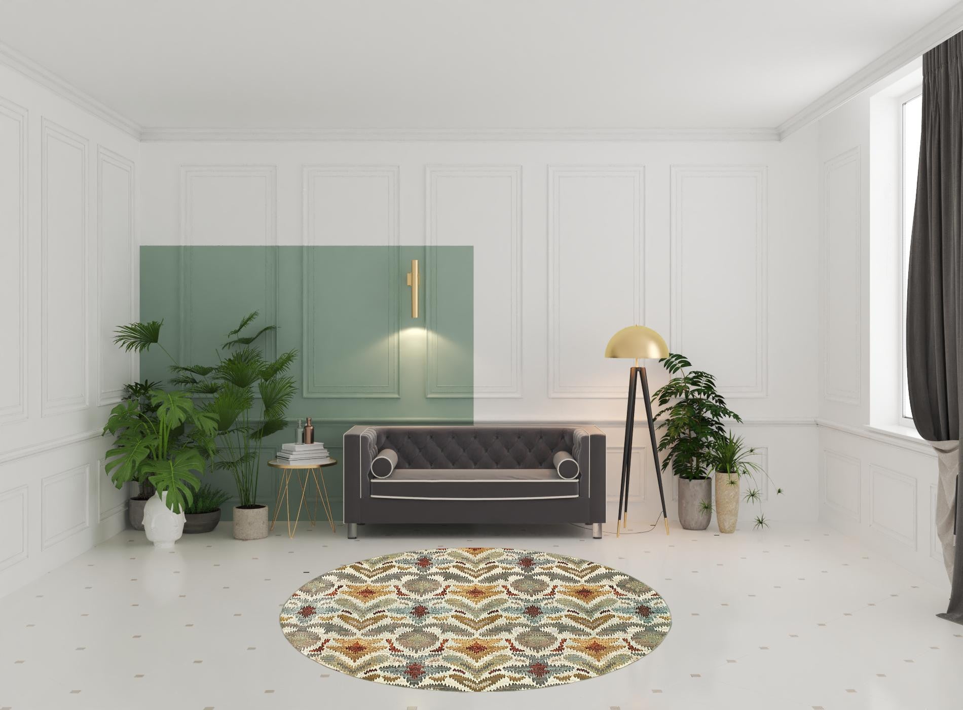 8' Ivory Grey Rust Gold And Blue Round Abstract Power Loom Stain Resistant Area Rug