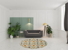 8' Ivory Grey Rust Gold And Blue Round Abstract Power Loom Stain Resistant Area Rug