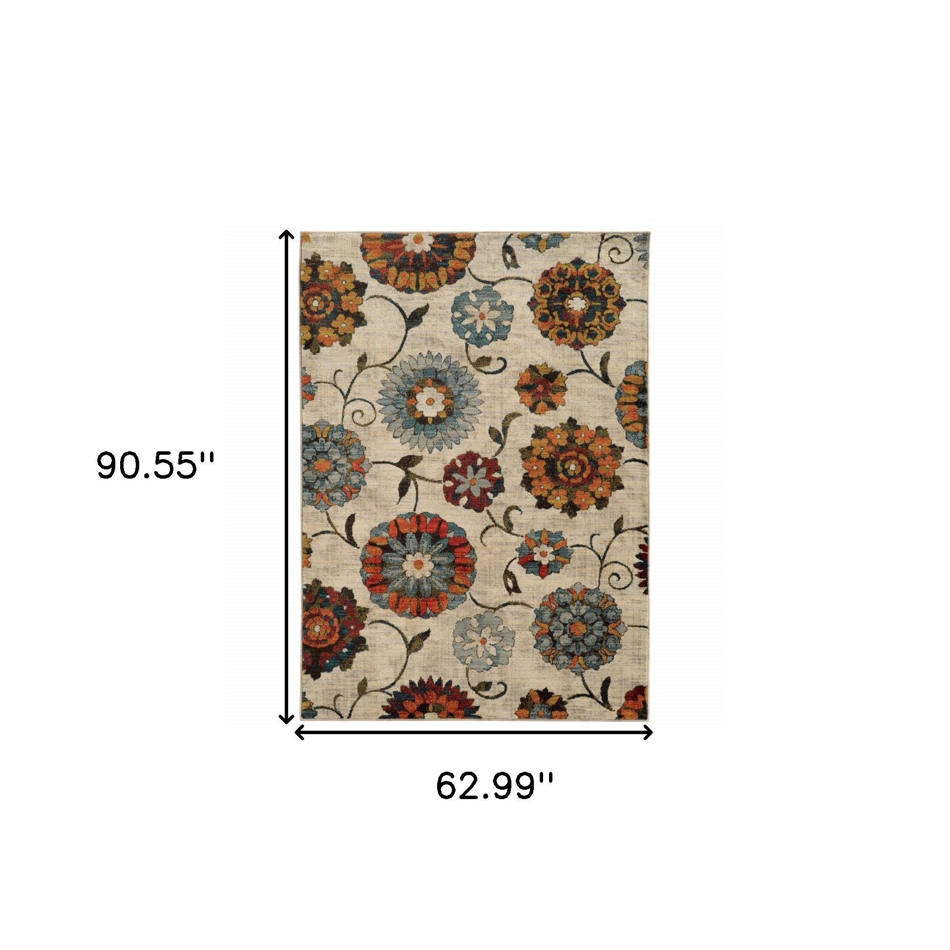 5' X 8' Ivory Blue Gold Green Orange Rust And Teal Floral Power Loom Stain Resistant Area Rug