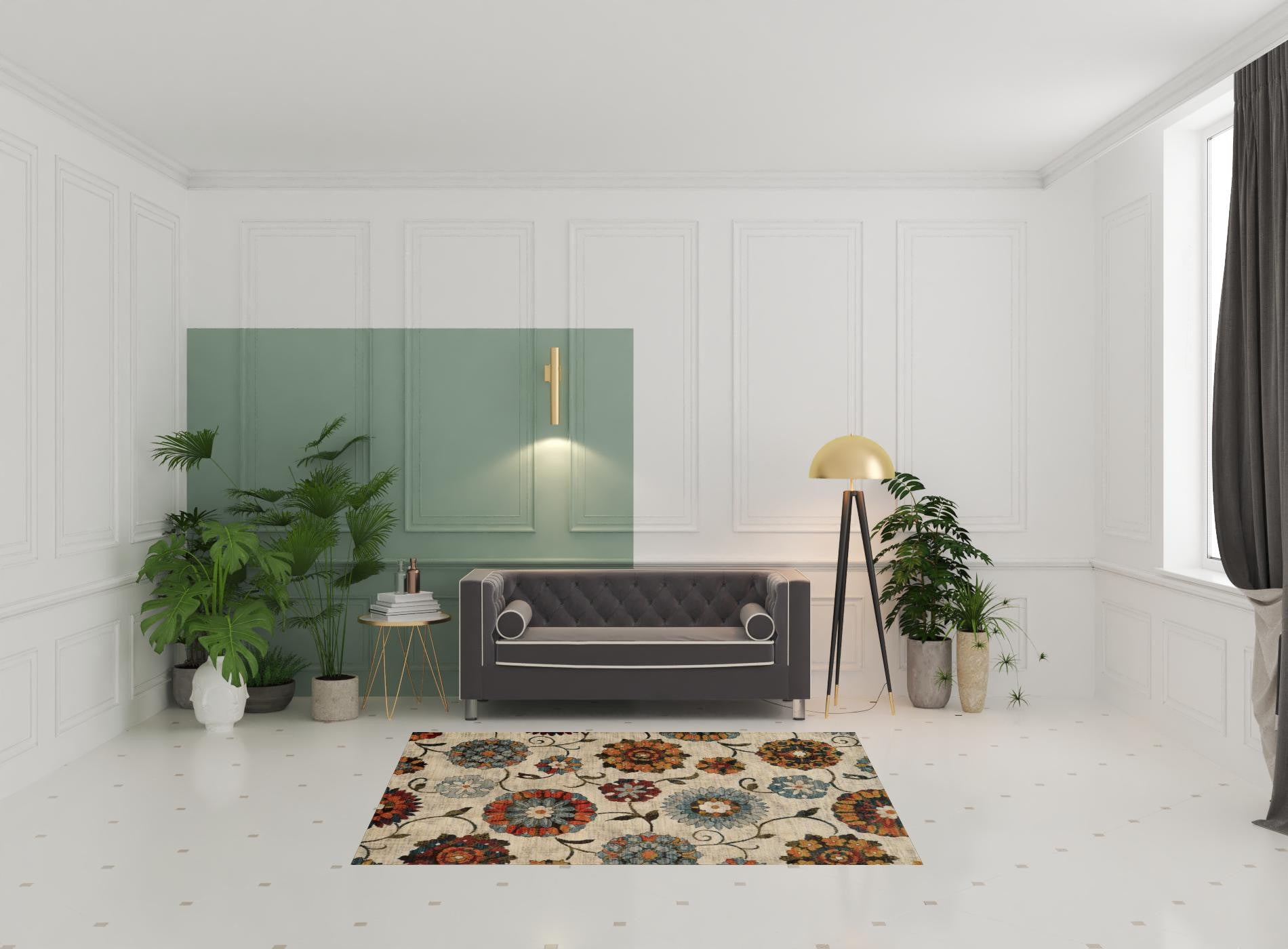 5' X 8' Ivory Blue Gold Green Orange Rust And Teal Floral Power Loom Stain Resistant Area Rug