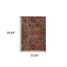 2' X 3' Red Gold Orange Green Ivory Rust And Blue Floral Power Loom Stain Resistant Area Rug