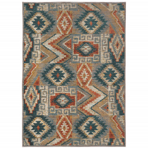 8' X 11' Blue Teal Grey Orange Gold Ivory And Rust Geometric Power Loom Stain Resistant Area Rug