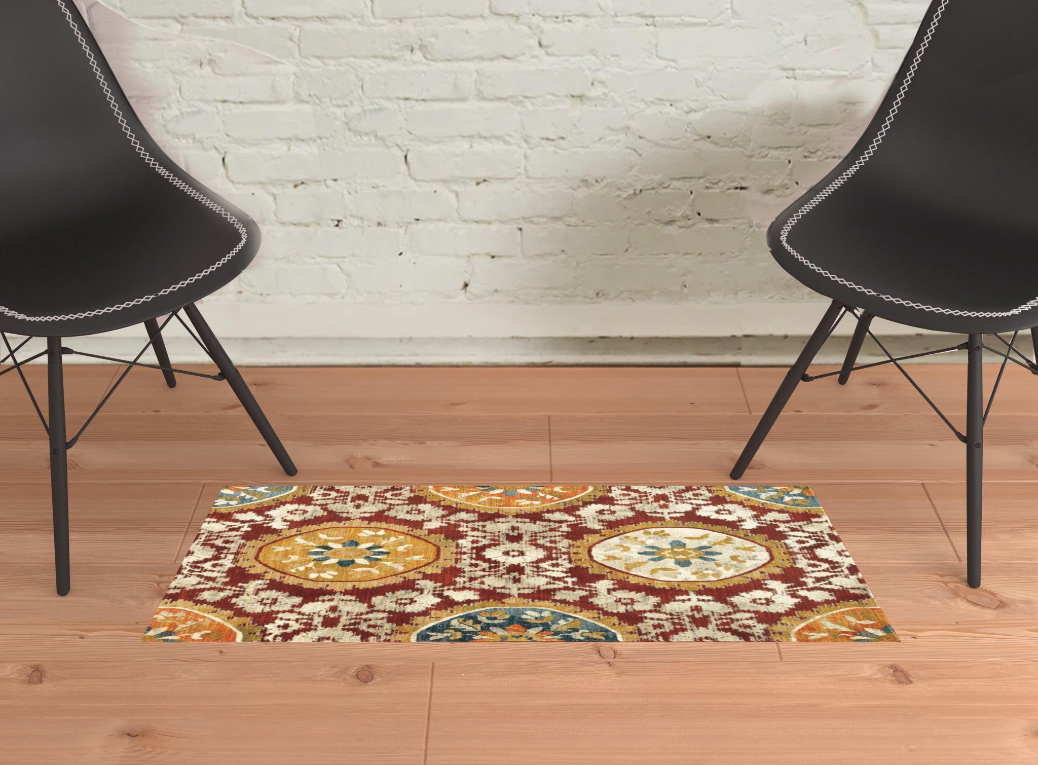 2' X 3' Red Gold Teal Grey Ivory And Blue Oriental Power Loom Stain Resistant Area Rug