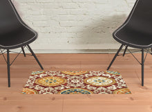 2' X 3' Red Gold Teal Grey Ivory And Blue Oriental Power Loom Stain Resistant Area Rug