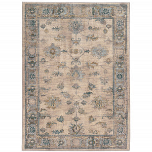 5' X 8' Ivory Blue Gold And Grey Oriental Power Loom Stain Resistant Area Rug