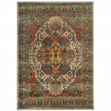 5' X 8' Red Gold Orange Green Ivory Rust And Blue Oriental Power Loom Stain Resistant Area Rug