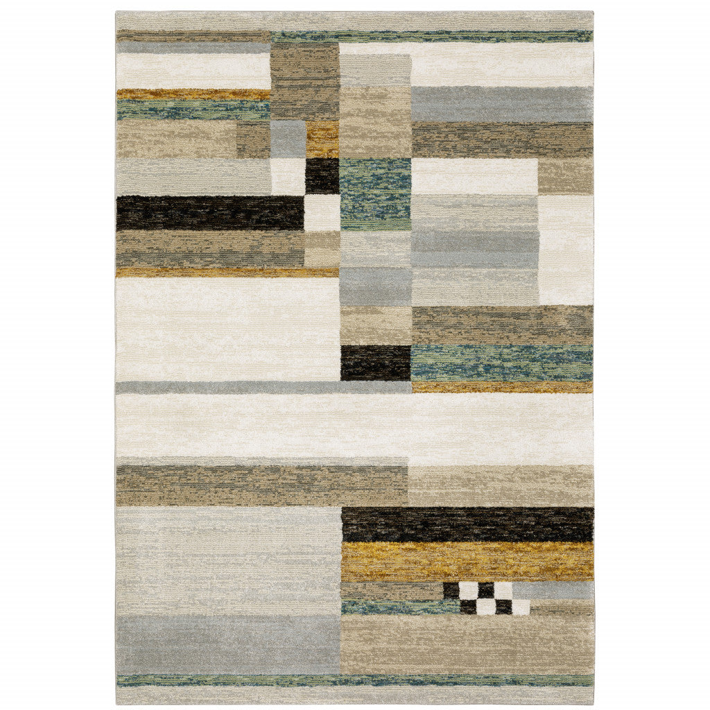 9' X 12' Beige Gold Black Grey Tan Teal And Rust Geometric Power Loom Area Rug