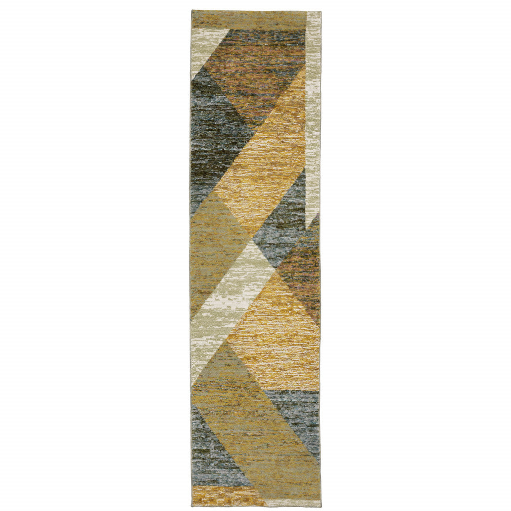 2' X 8' Gold Blue Green Rust Beige Purple And Teal Geometric Power Loom Stain Resistant Runner Rug