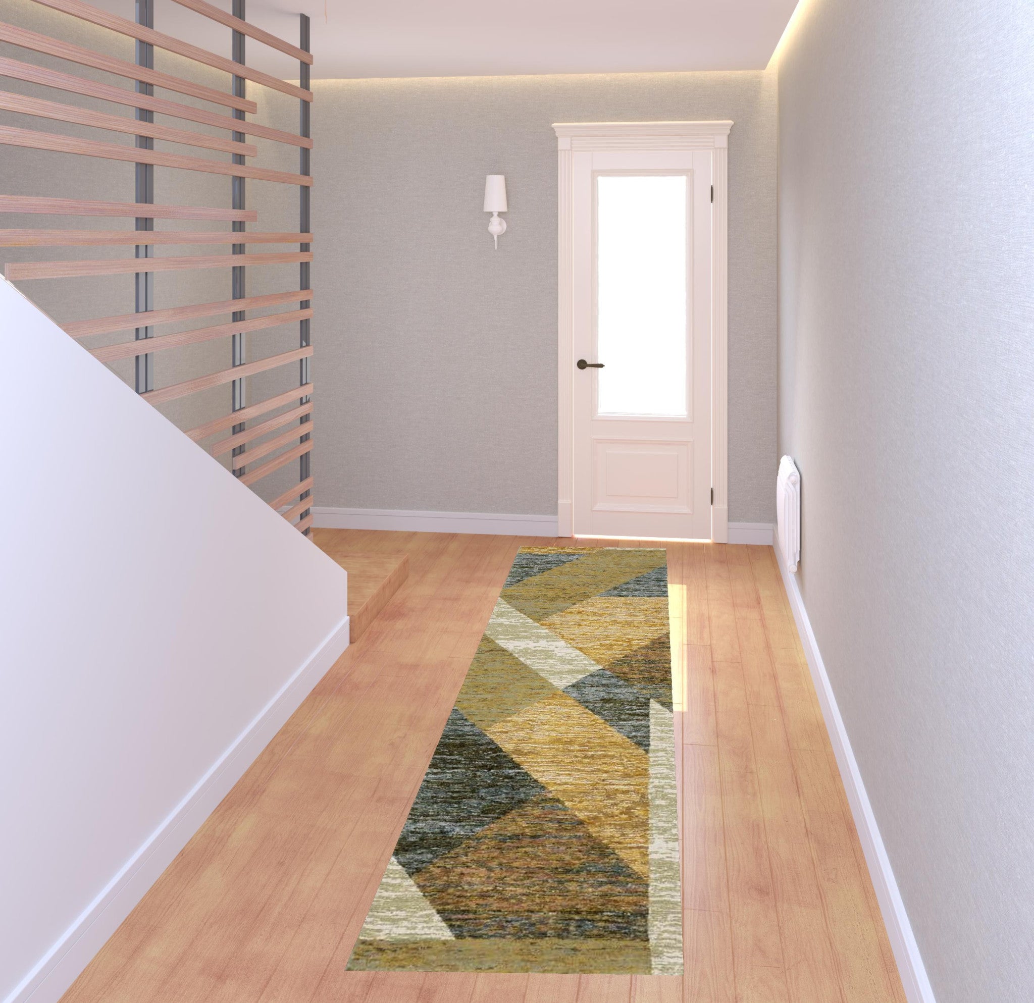 2' X 8' Gold Blue Green Rust Beige Purple And Teal Geometric Power Loom Stain Resistant Runner Rug