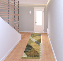 2' X 8' Gold Blue Green Rust Beige Purple And Teal Geometric Power Loom Stain Resistant Runner Rug