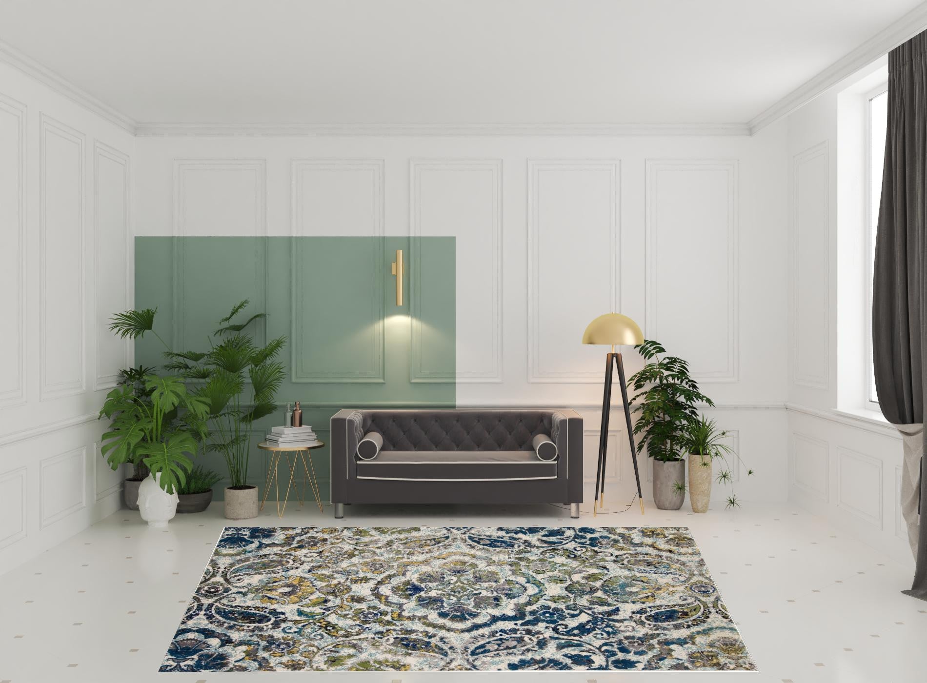 4' X 6' Ivory Blue And Green Floral Stain Resistant Area Rug
