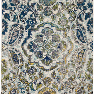 4' X 6' Ivory Blue And Green Floral Stain Resistant Area Rug