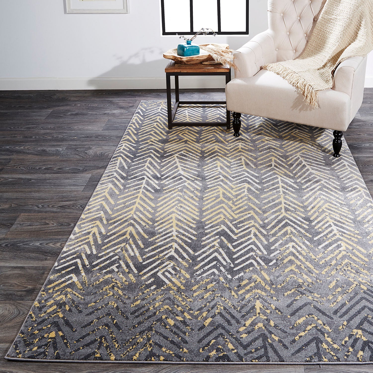 4' X 6' Gray Yellow And White Abstract Stain Resistant Area Rug