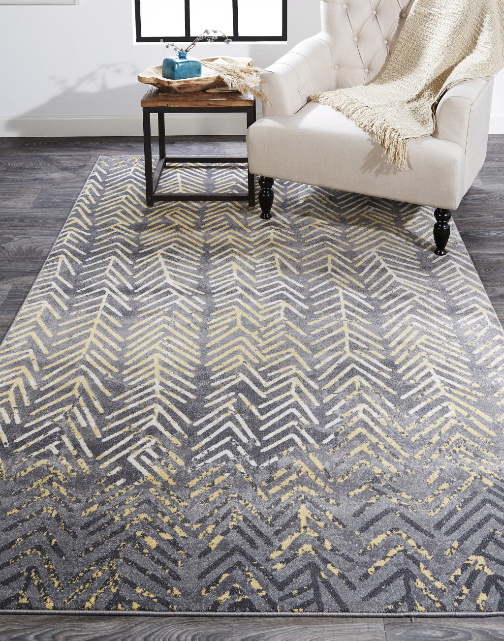 4' X 6' Gray Yellow And White Abstract Stain Resistant Area Rug