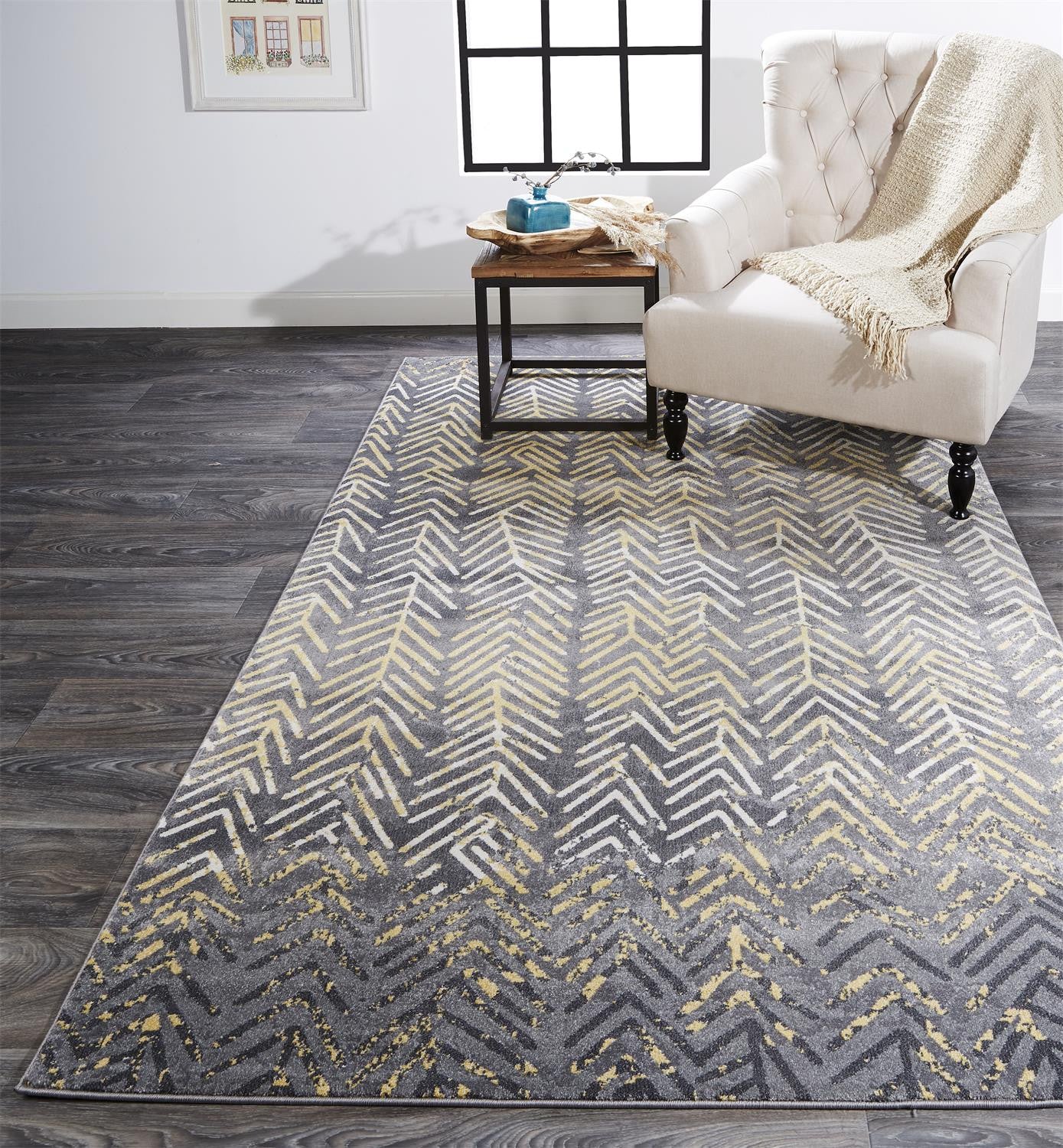 4' X 6' Gray Yellow And White Abstract Stain Resistant Area Rug
