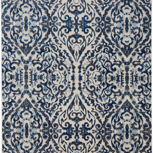 Blue Ivory And Black Floral Distressed Stain Resistant Area Rug - 2' X 4'