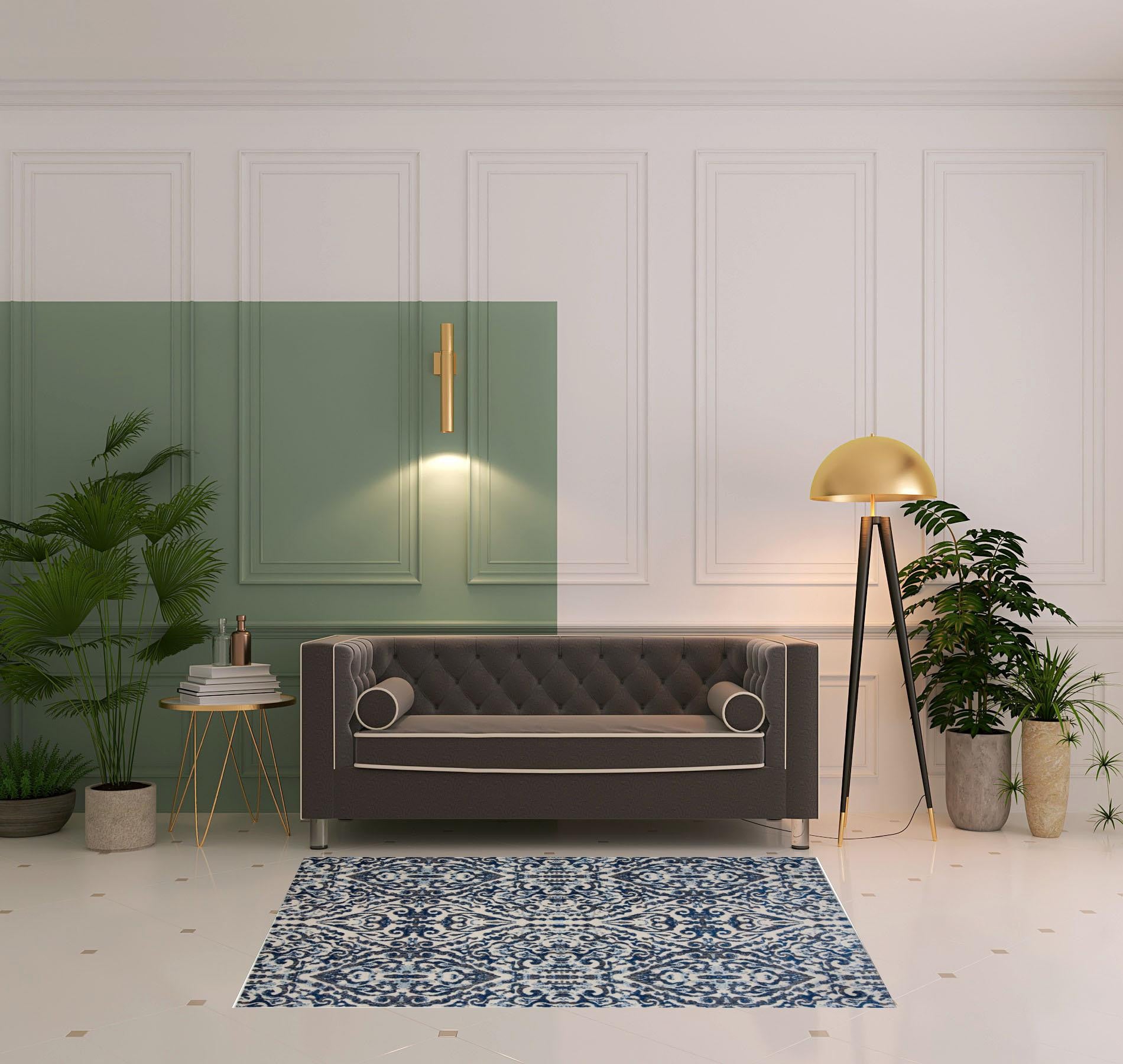 Blue Ivory And Black Floral Distressed Stain Resistant Area Rug - 2' X 4'