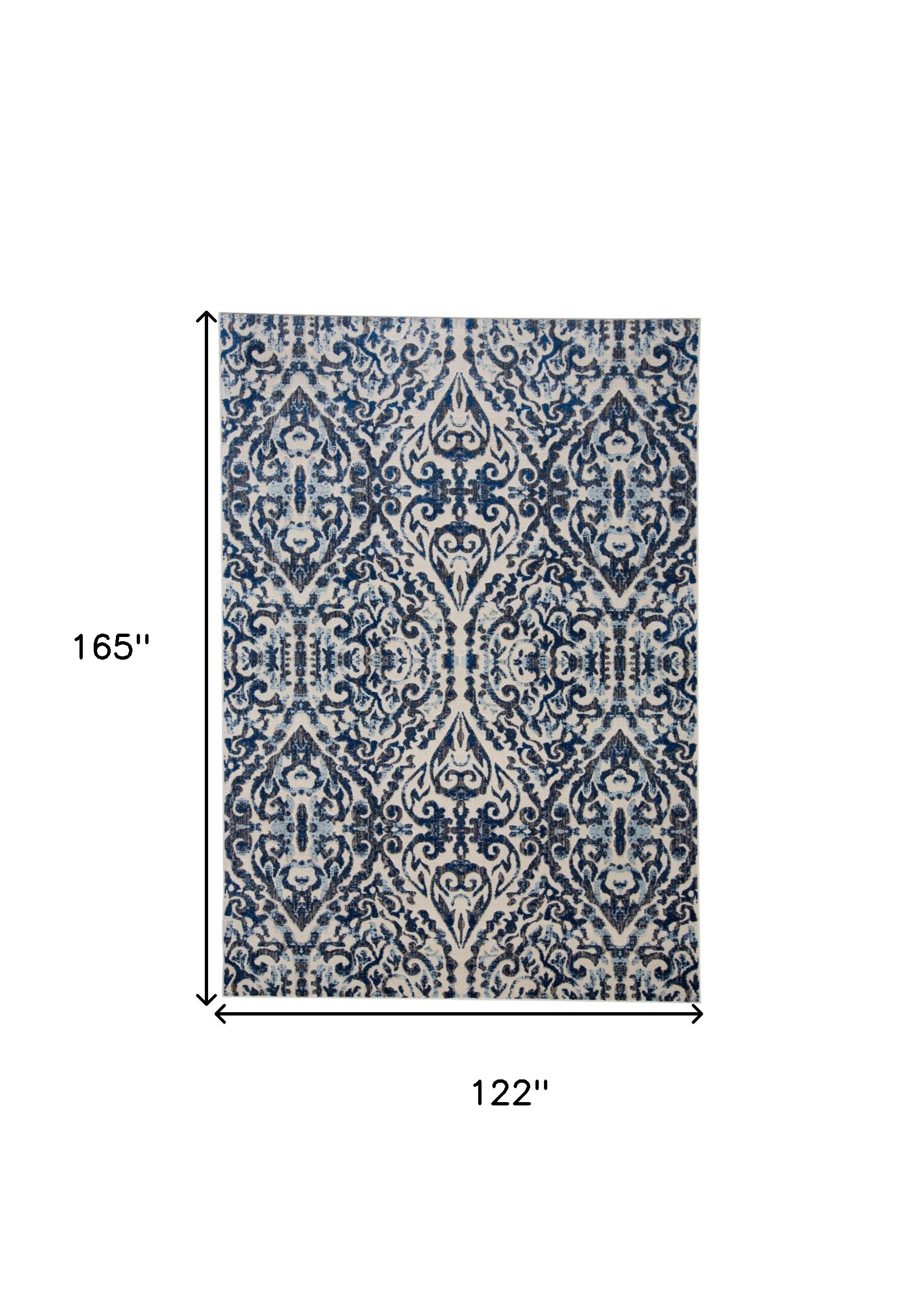 Blue Ivory And Black Floral Distressed Stain Resistant Area Rug - 2' X 4'