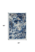 2' X 4' Blue Ivory And Gray Floral Distressed Stain Resistant Area Rug