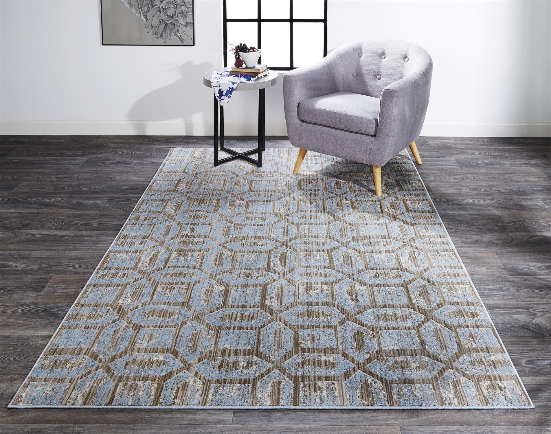 Blue Taupe And Ivory Floral Distressed Stain Resistant Area Rug - 2' X 4'